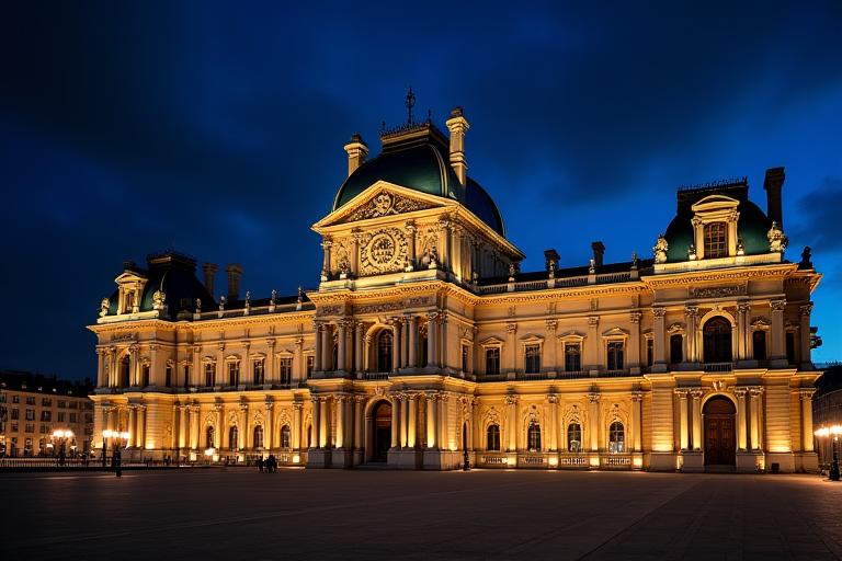 Visualisation nocturne d'un bâtiment emblématique illuminé par une conception lumière architecturale de Reflet Urbain.