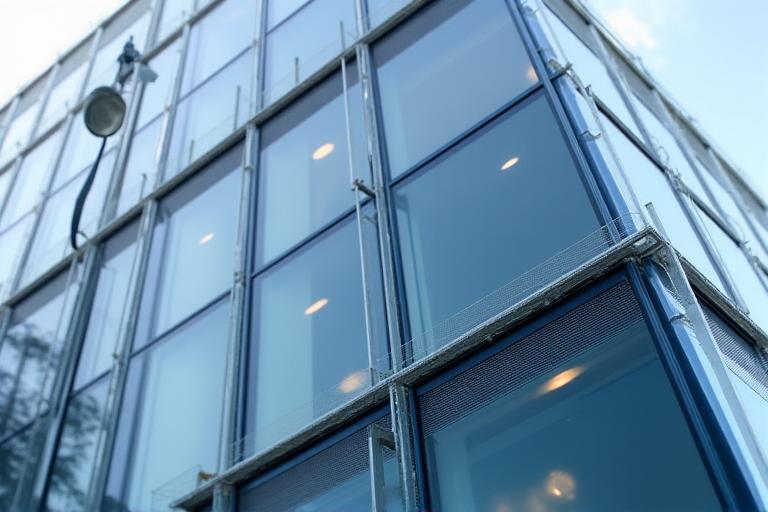 Gros plan sur une façade en verre high-tech d'un immeuble moderne, avec des détails montrant des panneaux solaires intégrés et un vitrage intelligent.