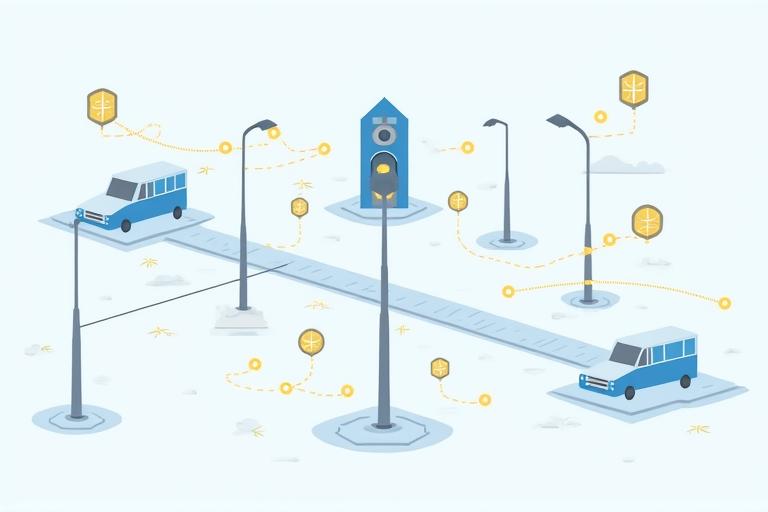 Infographie montrant un quartier urbain interconnecté avec des icônes représentant l'éclairage intelligent, la gestion du trafic et des capteurs environnementaux.