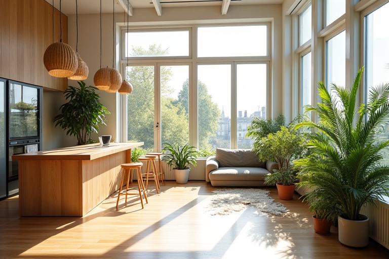 Intérieur lumineux et spacieux d'un bâtiment moderne avec de grandes fenêtres maximisant l'éclairage naturel et intégrant des éléments de design durable.